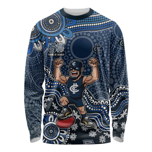 Personalized Carlton Blues Football Mascot Long Sleeve Shirt Aboriginal Dot Art Style Vibrant Indigenous Pattern Design