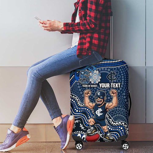 Personalized Carlton Blues Football Mascot Luggage Cover Aboriginal Dot Art Style Vibrant Indigenous Pattern Design