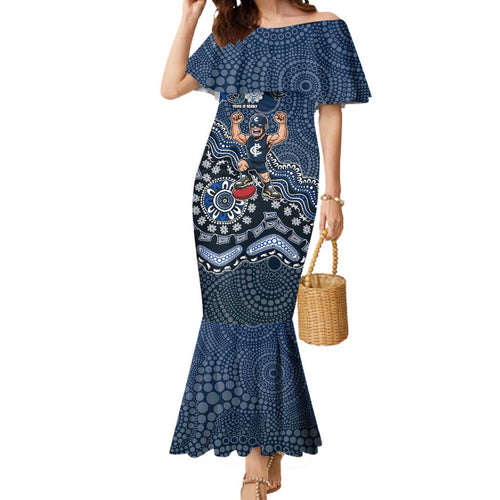 Personalized Carlton Blues Football Mascot Mermaid Dress Aboriginal Dot Art Style Vibrant Indigenous Pattern Design