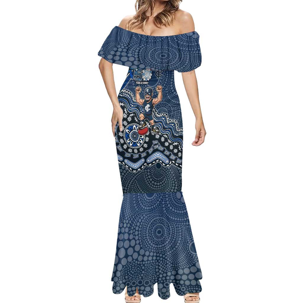 Personalized Carlton Blues Football Mascot Mermaid Dress Aboriginal Dot Art Style Vibrant Indigenous Pattern Design