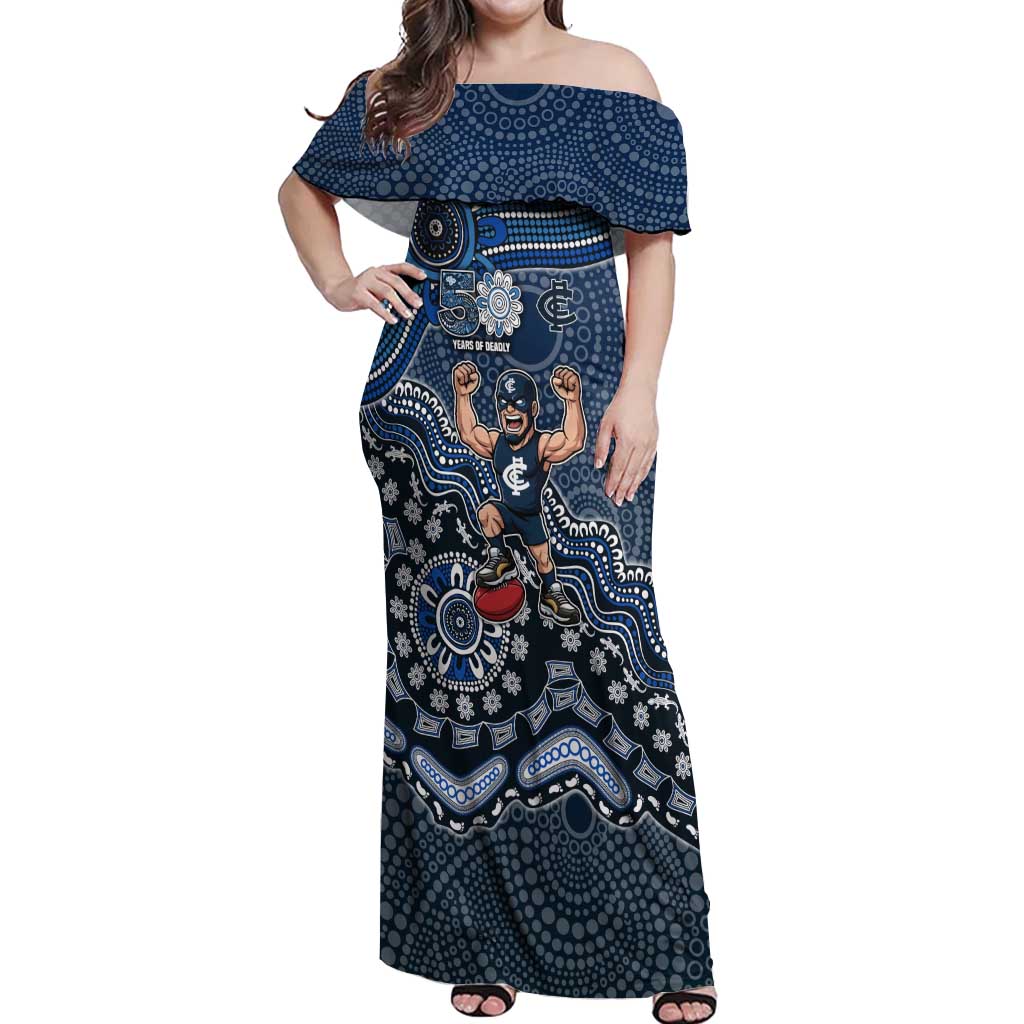 Personalized Carlton Blues Football Mascot Off Shoulder Maxi Dress Aboriginal Dot Art Style Vibrant Indigenous Pattern Design