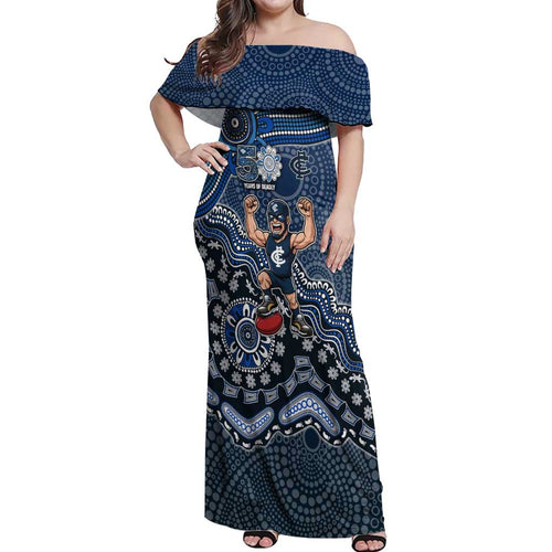 Personalized Carlton Blues Football Mascot Off Shoulder Maxi Dress Aboriginal Dot Art Style Vibrant Indigenous Pattern Design