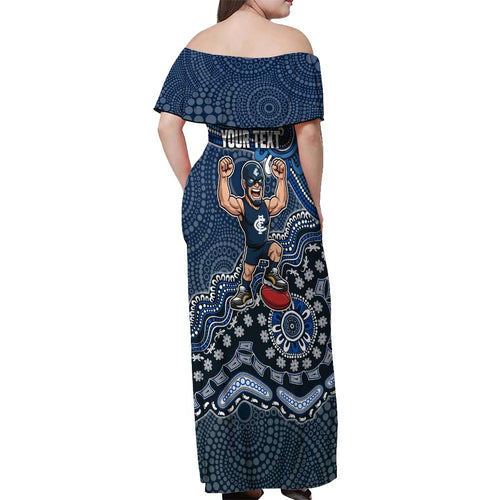 Personalized Carlton Blues Football Mascot Off Shoulder Maxi Dress Aboriginal Dot Art Style Vibrant Indigenous Pattern Design