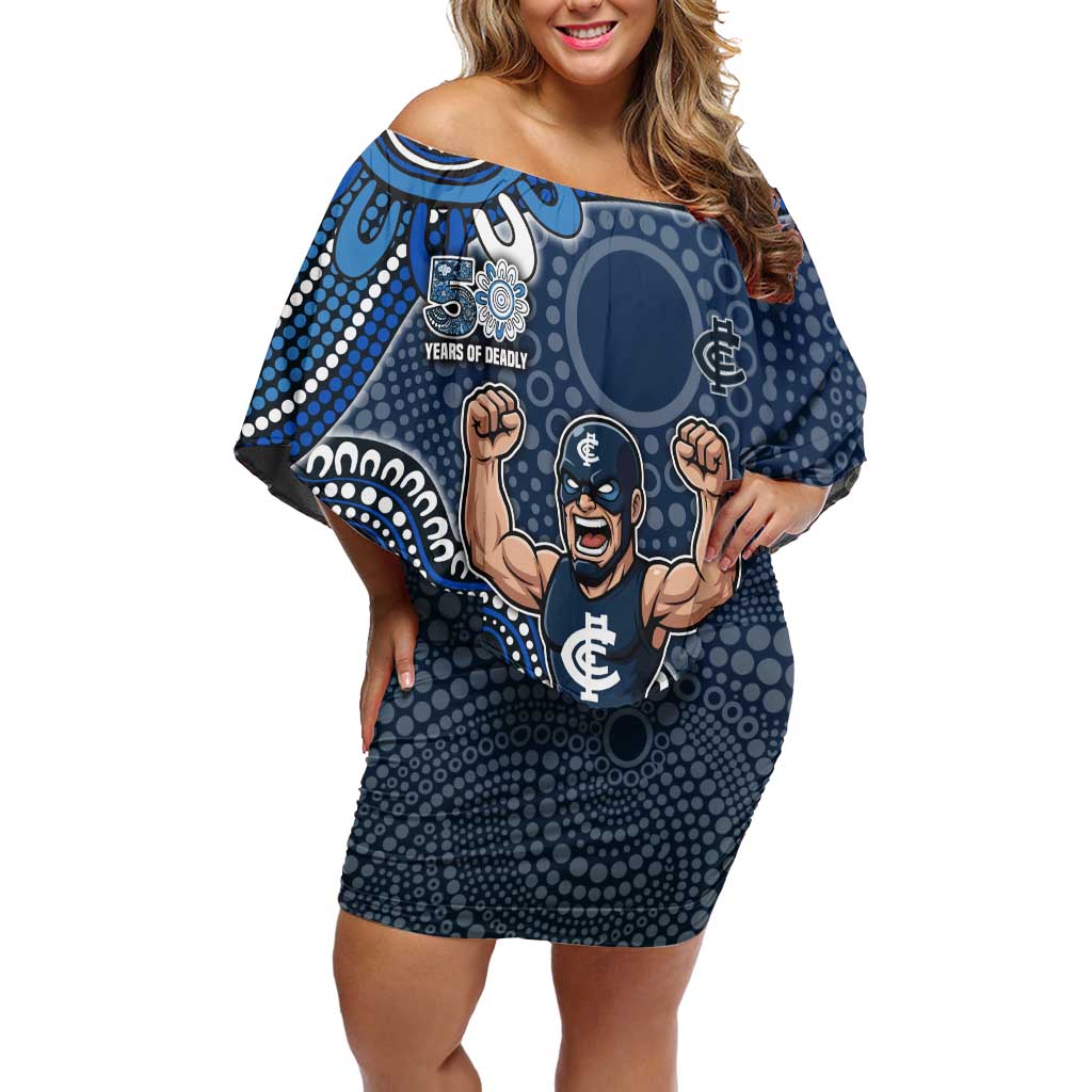 Personalized Carlton Blues Football Mascot Off Shoulder Short Dress Aboriginal Dot Art Style Vibrant Indigenous Pattern Design