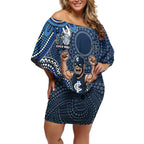 Personalized Carlton Blues Football Mascot Off Shoulder Short Dress Aboriginal Dot Art Style Vibrant Indigenous Pattern Design