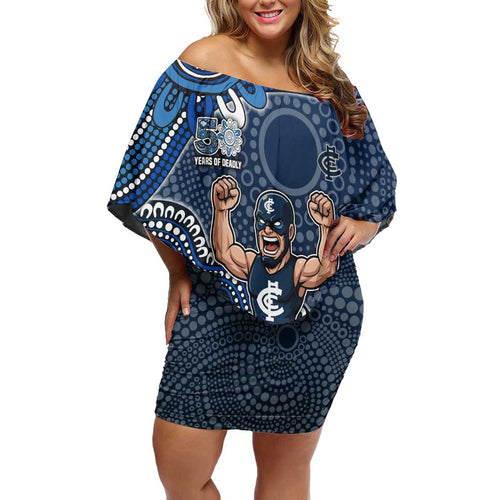 Personalized Carlton Blues Football Mascot Off Shoulder Short Dress Aboriginal Dot Art Style Vibrant Indigenous Pattern Design