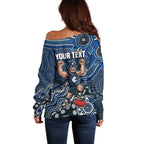 Personalized Carlton Blues Football Mascot Off Shoulder Sweater Aboriginal Dot Art Style Vibrant Indigenous Pattern Design