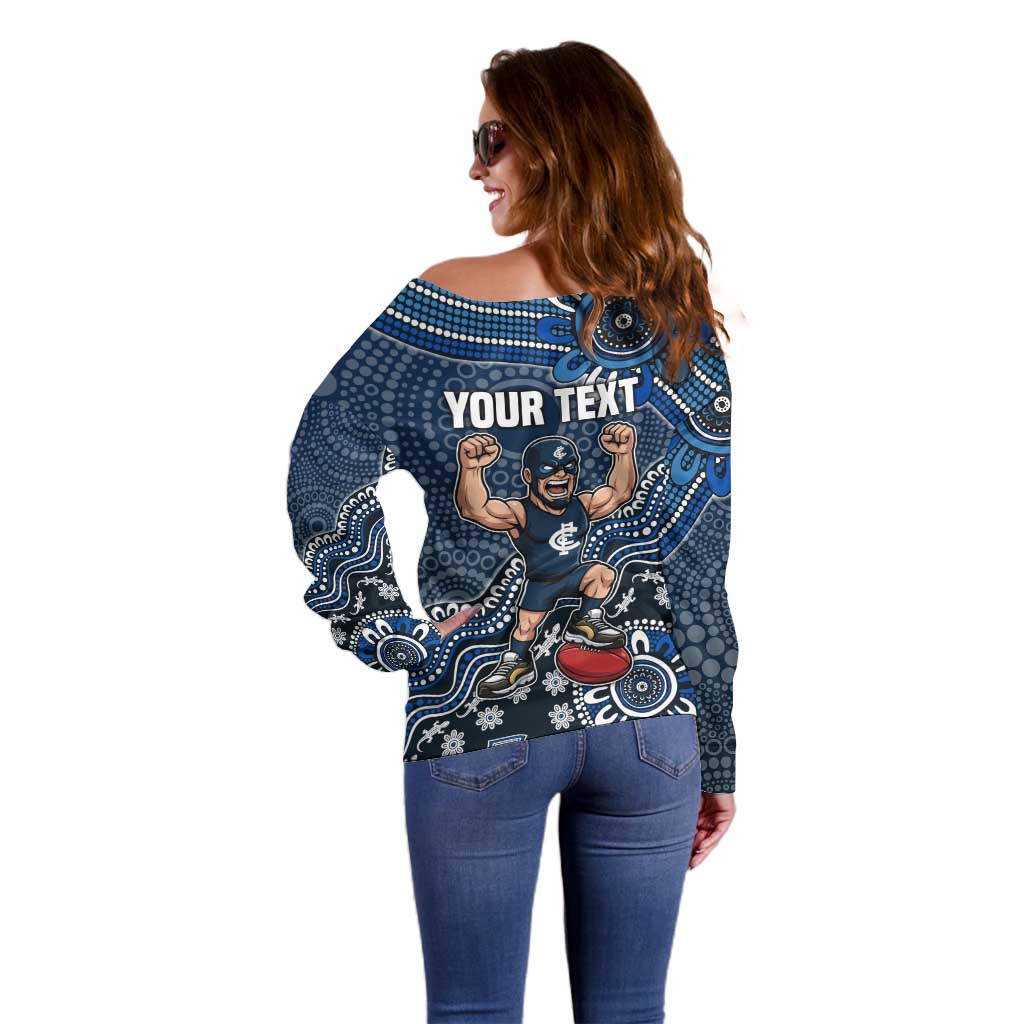 Personalized Carlton Blues Football Mascot Off Shoulder Sweater Aboriginal Dot Art Style Vibrant Indigenous Pattern Design