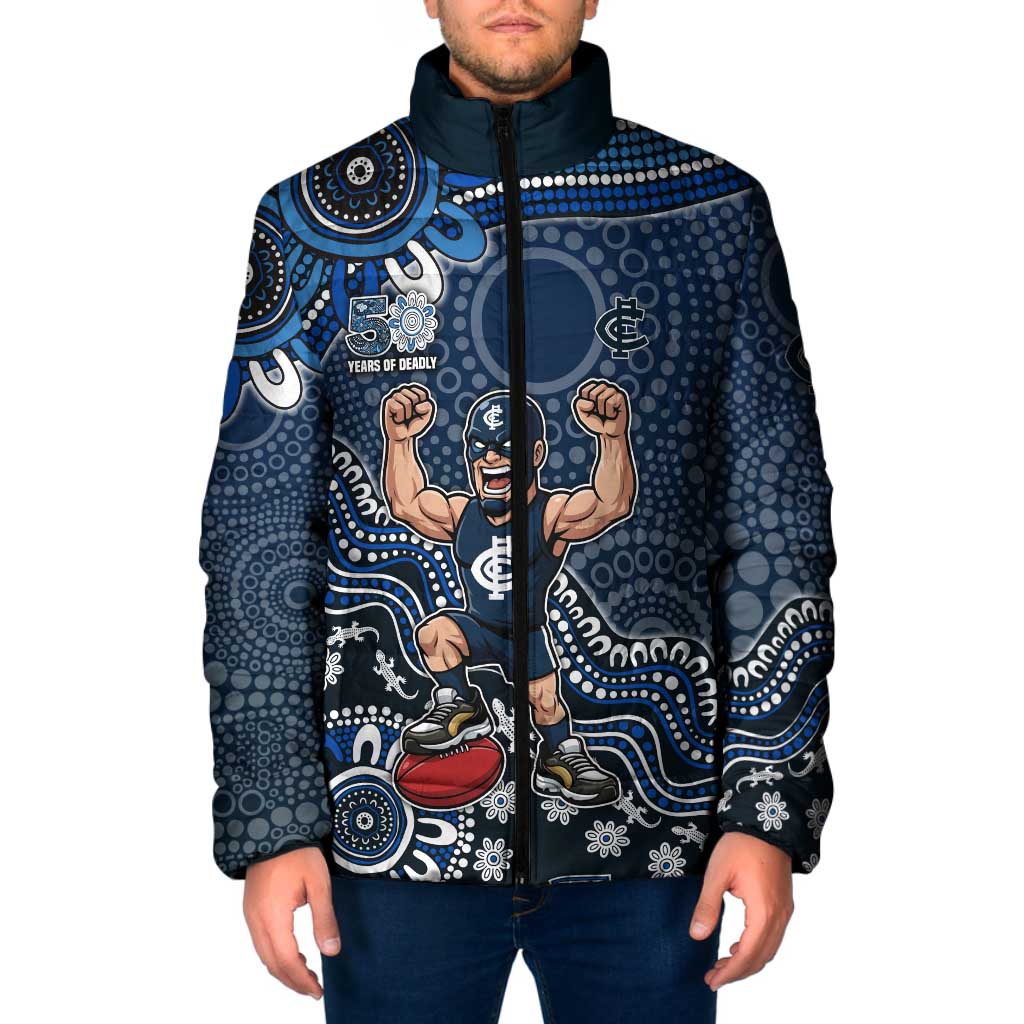 Personalized Carlton Blues Football Mascot Padded Jacket Aboriginal Dot Art Style Vibrant Indigenous Pattern Design