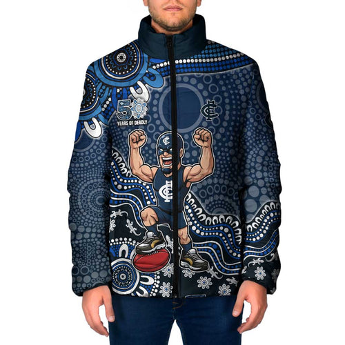 Personalized Carlton Blues Football Mascot Padded Jacket Aboriginal Dot Art Style Vibrant Indigenous Pattern Design