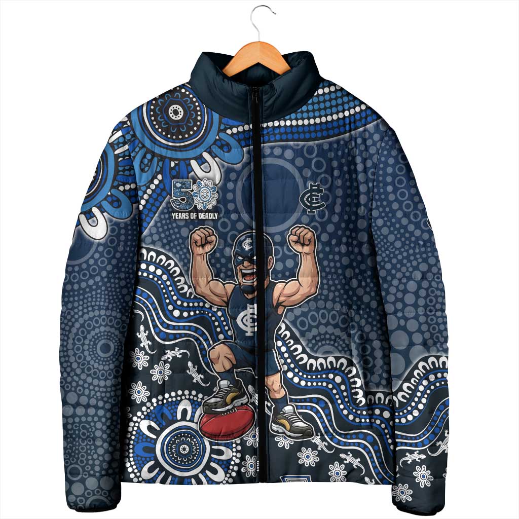 Personalized Carlton Blues Football Mascot Padded Jacket Aboriginal Dot Art Style Vibrant Indigenous Pattern Design