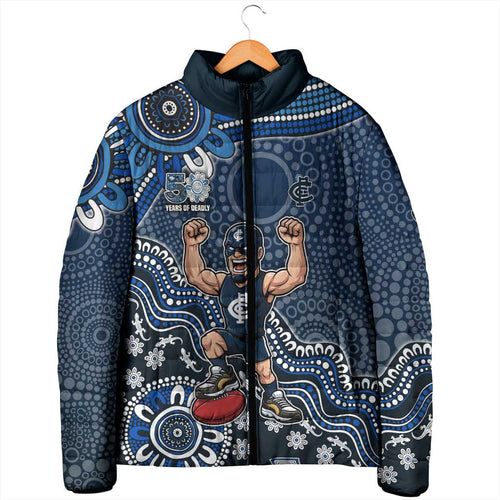 Personalized Carlton Blues Football Mascot Padded Jacket Aboriginal Dot Art Style Vibrant Indigenous Pattern Design