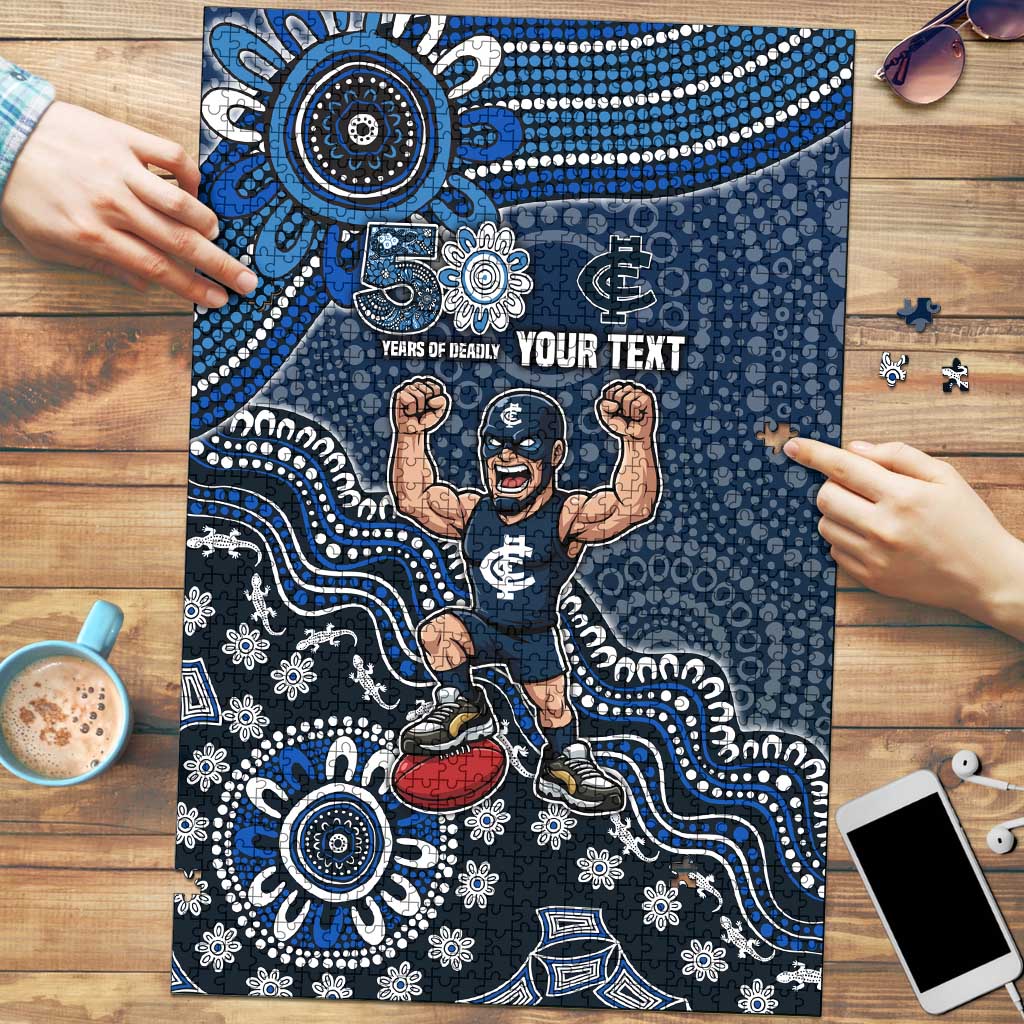 Personalized Carlton Blues Football Mascot Puzzle Aboriginal Dot Art Style Vibrant Indigenous Pattern Design