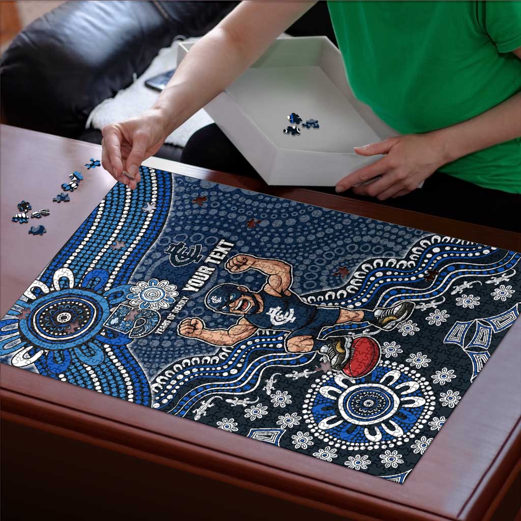 Personalized Carlton Blues Football Mascot Puzzle Aboriginal Dot Art Style Vibrant Indigenous Pattern Design