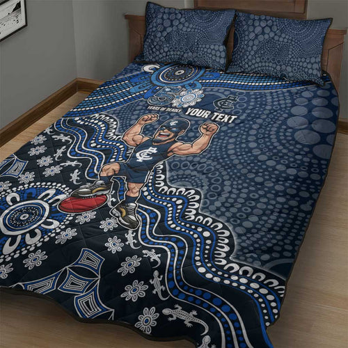 Personalized Carlton Blues Football Mascot Quilt Bed Set Aboriginal Dot Art Style Vibrant Indigenous Pattern Design