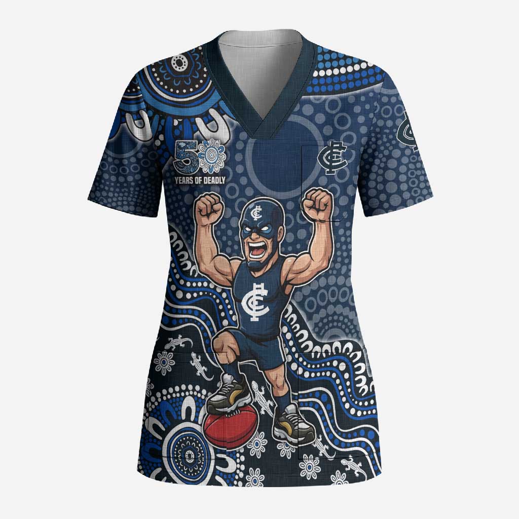 Personalized Carlton Blues Football Mascot Scrub Top Aboriginal Dot Art Style Vibrant Indigenous Pattern Design