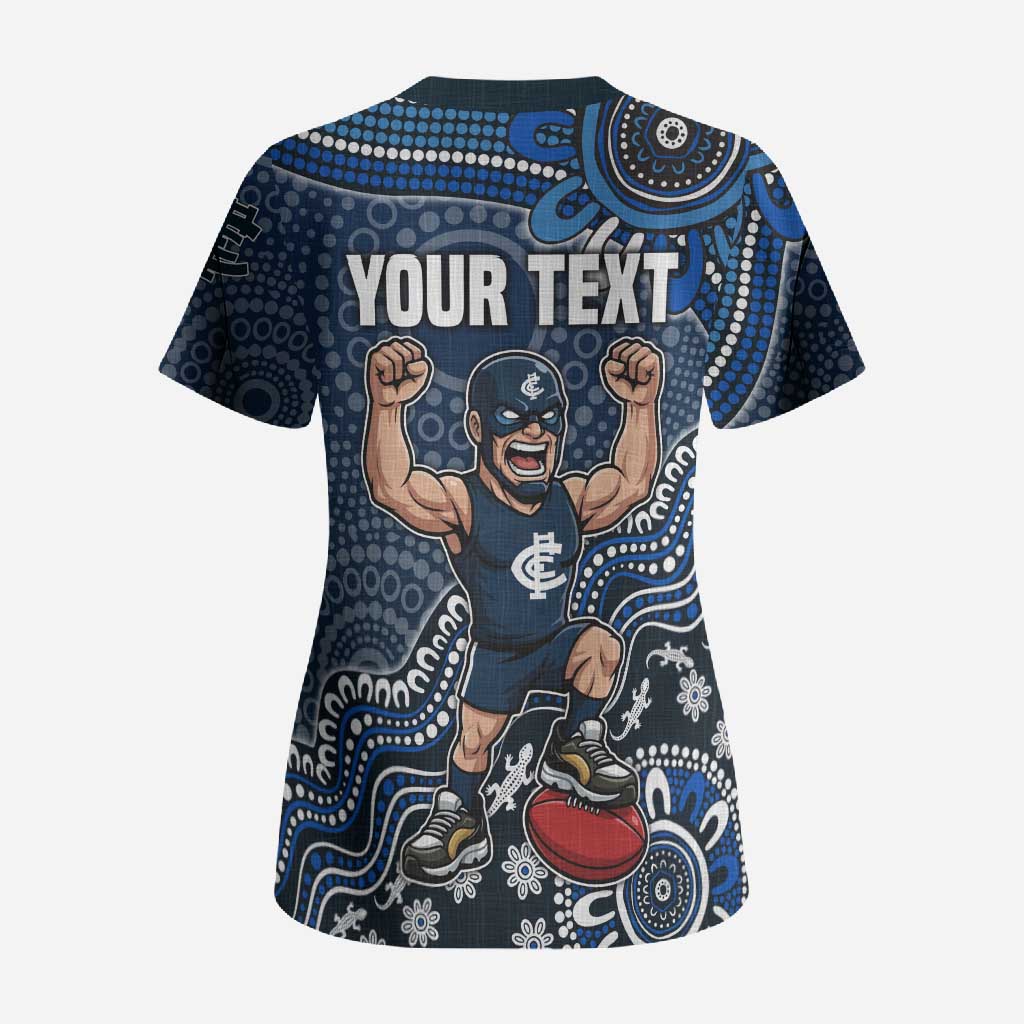 Personalized Carlton Blues Football Mascot Scrub Top Aboriginal Dot Art Style Vibrant Indigenous Pattern Design
