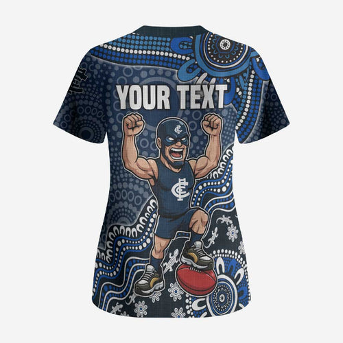 Personalized Carlton Blues Football Mascot Scrub Top Aboriginal Dot Art Style Vibrant Indigenous Pattern Design