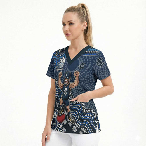 Personalized Carlton Blues Football Mascot Scrub Top Aboriginal Dot Art Style Vibrant Indigenous Pattern Design