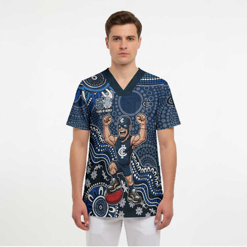 Personalized Carlton Blues Football Mascot Scrub Top Aboriginal Dot Art Style Vibrant Indigenous Pattern Design