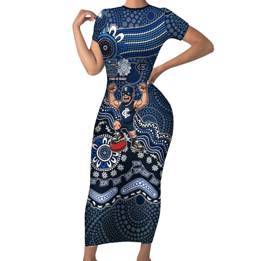 Personalized Carlton Blues Football Mascot Short Sleeve Bodycon Dress Aboriginal Dot Art Style Vibrant Indigenous Pattern Design