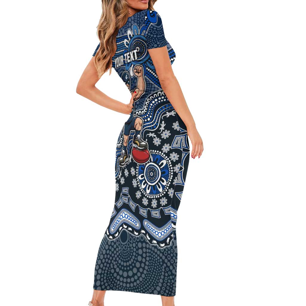 Personalized Carlton Blues Football Mascot Short Sleeve Bodycon Dress Aboriginal Dot Art Style Vibrant Indigenous Pattern Design