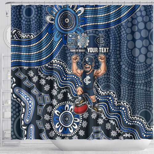 Personalized Carlton Blues Football Mascot Shower Curtain Aboriginal Dot Art Style Vibrant Indigenous Pattern Design