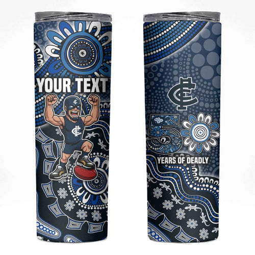 Personalized Carlton Blues Football Mascot Skinny Tumbler Aboriginal Dot Art Style Vibrant Indigenous Pattern Design