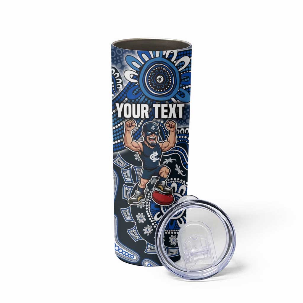 Personalized Carlton Blues Football Mascot Skinny Tumbler Aboriginal Dot Art Style Vibrant Indigenous Pattern Design