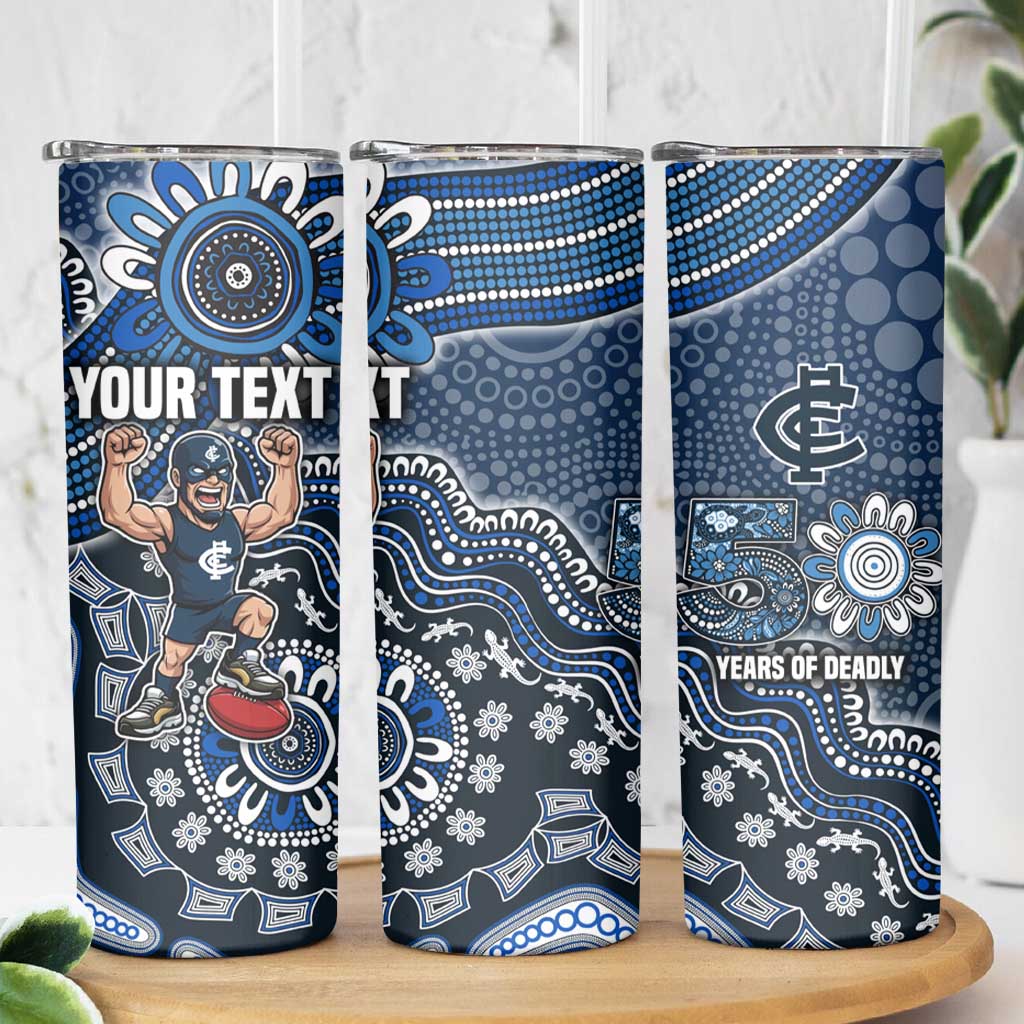 Personalized Carlton Blues Football Mascot Skinny Tumbler Aboriginal Dot Art Style Vibrant Indigenous Pattern Design