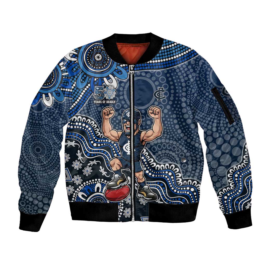 Personalized Carlton Blues Football Mascot Sleeve Zip Bomber Jacket Aboriginal Dot Art Style Vibrant Indigenous Pattern Design