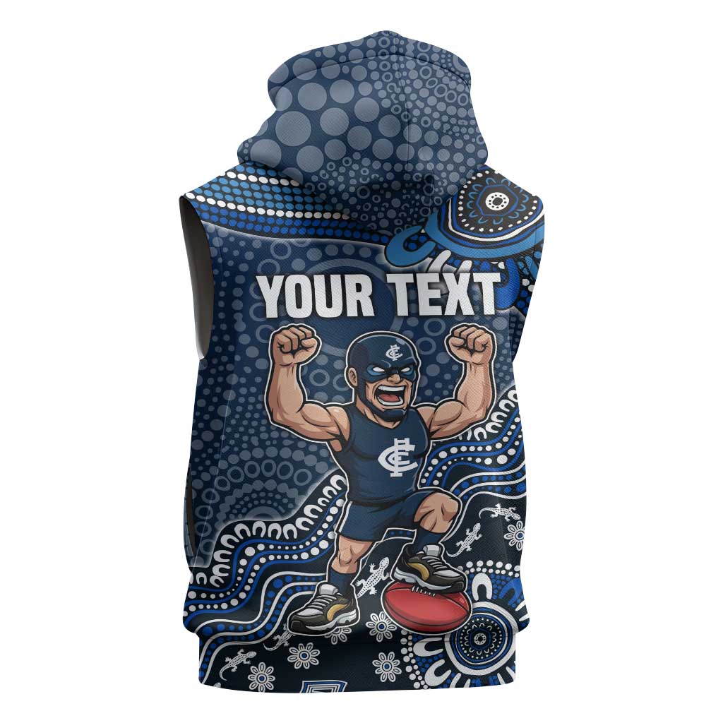Personalized Carlton Blues Football Mascot Sleeveless Hoodie Aboriginal Dot Art Style Vibrant Indigenous Pattern Design