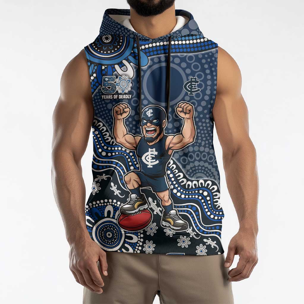 Personalized Carlton Blues Football Mascot Sleeveless Hoodie Aboriginal Dot Art Style Vibrant Indigenous Pattern Design