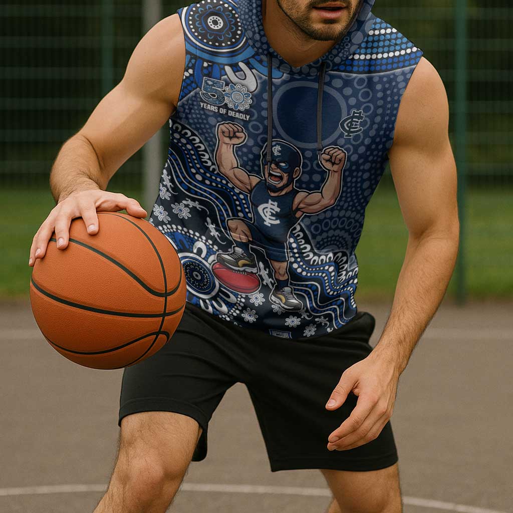 Personalized Carlton Blues Football Mascot Sleeveless Hoodie Aboriginal Dot Art Style Vibrant Indigenous Pattern Design