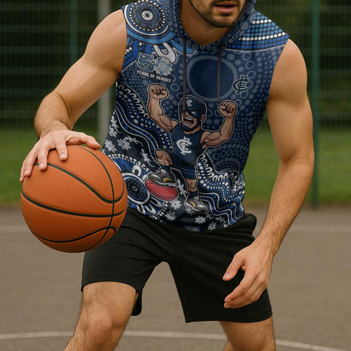 Personalized Carlton Blues Football Mascot Sleeveless Hoodie Aboriginal Dot Art Style Vibrant Indigenous Pattern Design