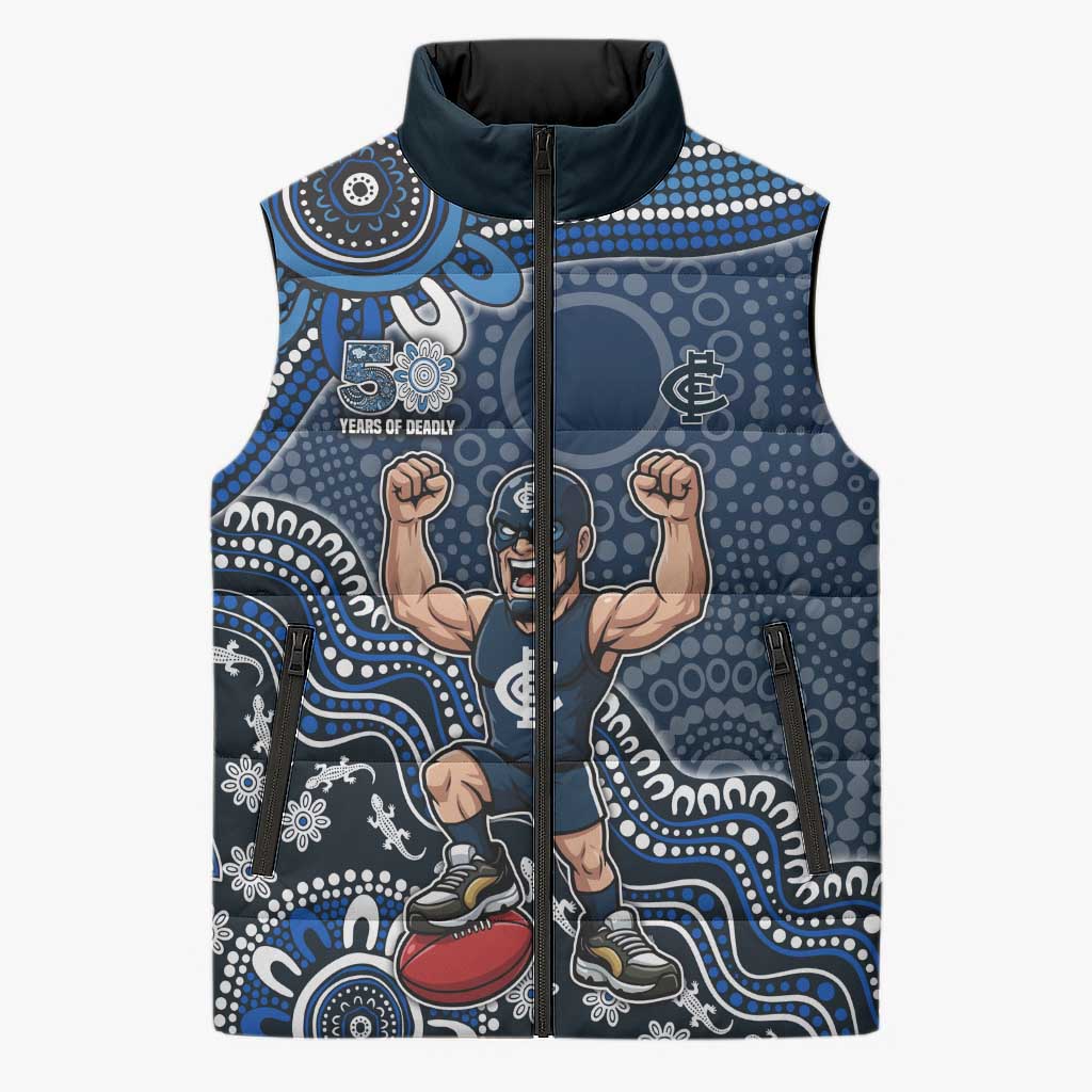 Personalized Carlton Blues Football Mascot Sleeveless Puffer Jacket Aboriginal Dot Art Style Vibrant Indigenous Pattern Design