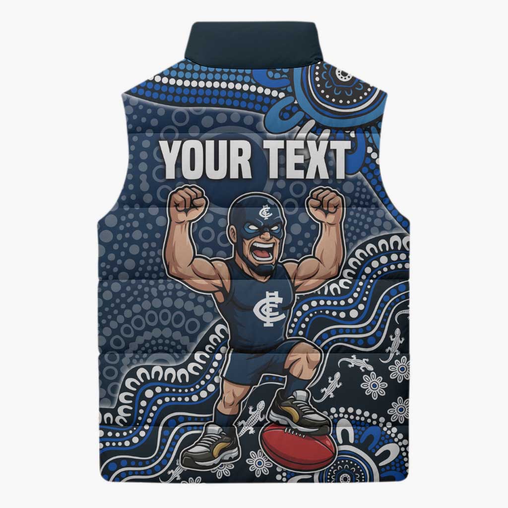 Personalized Carlton Blues Football Mascot Sleeveless Puffer Jacket Aboriginal Dot Art Style Vibrant Indigenous Pattern Design