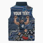 Personalized Carlton Blues Football Mascot Sleeveless Puffer Jacket Aboriginal Dot Art Style Vibrant Indigenous Pattern Design