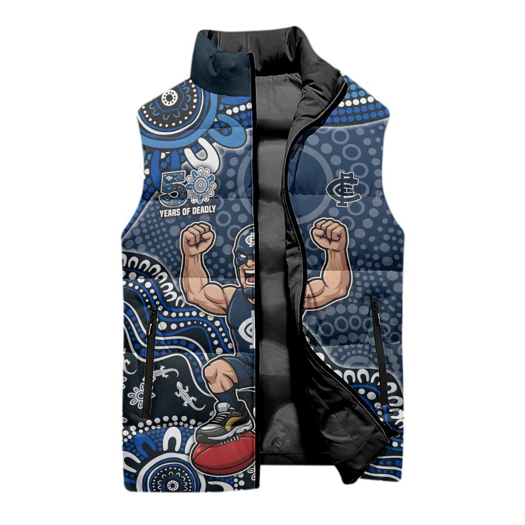 Personalized Carlton Blues Football Mascot Sleeveless Puffer Jacket Aboriginal Dot Art Style Vibrant Indigenous Pattern Design
