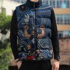 Personalized Carlton Blues Football Mascot Sleeveless Puffer Jacket Aboriginal Dot Art Style Vibrant Indigenous Pattern Design