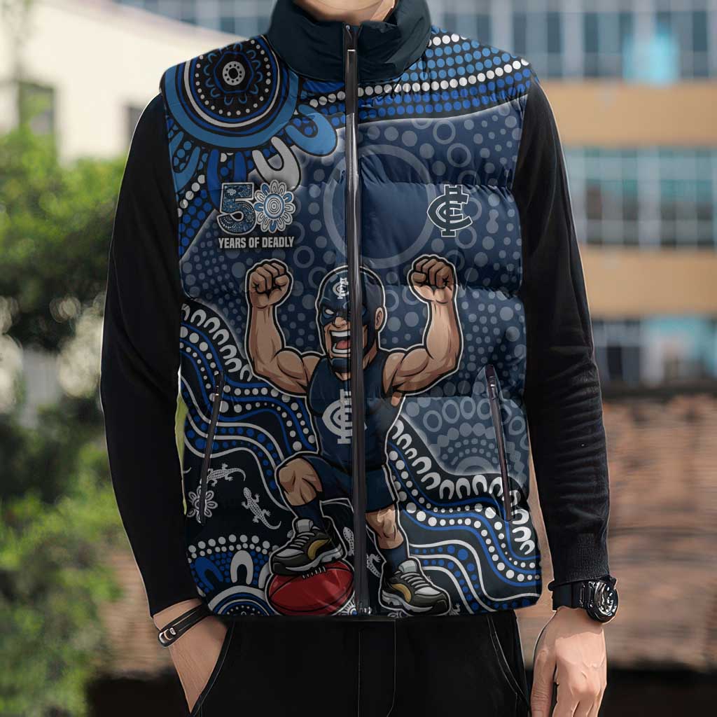 Personalized Carlton Blues Football Mascot Sleeveless Puffer Jacket Aboriginal Dot Art Style Vibrant Indigenous Pattern Design
