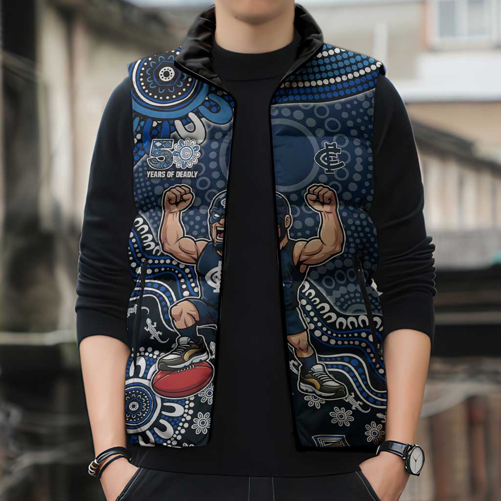 Personalized Carlton Blues Football Mascot Sleeveless Puffer Jacket Aboriginal Dot Art Style Vibrant Indigenous Pattern Design