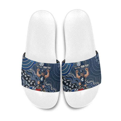 Personalized Carlton Blues Football Mascot Slide Sandals Aboriginal Dot Art Style Vibrant Indigenous Pattern Design