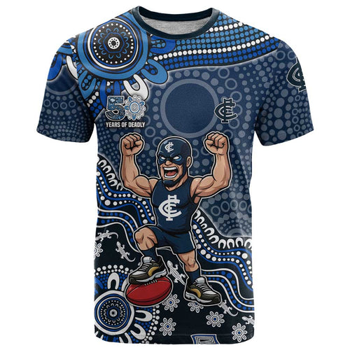 Personalized Carlton Blues Football Mascot T Shirt Aboriginal Dot Art Style Vibrant Indigenous Pattern Design