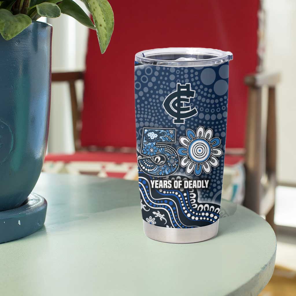 Personalized Carlton Blues Football Mascot Tumbler Cup Aboriginal Dot Art Style Vibrant Indigenous Pattern Design