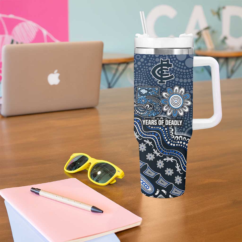 Personalized Carlton Blues Football Mascot Tumbler With Handle Aboriginal Dot Art Style Vibrant Indigenous Pattern Design