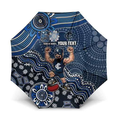 Personalized Carlton Blues Football Mascot Umbrella Aboriginal Dot Art Style Vibrant Indigenous Pattern Design