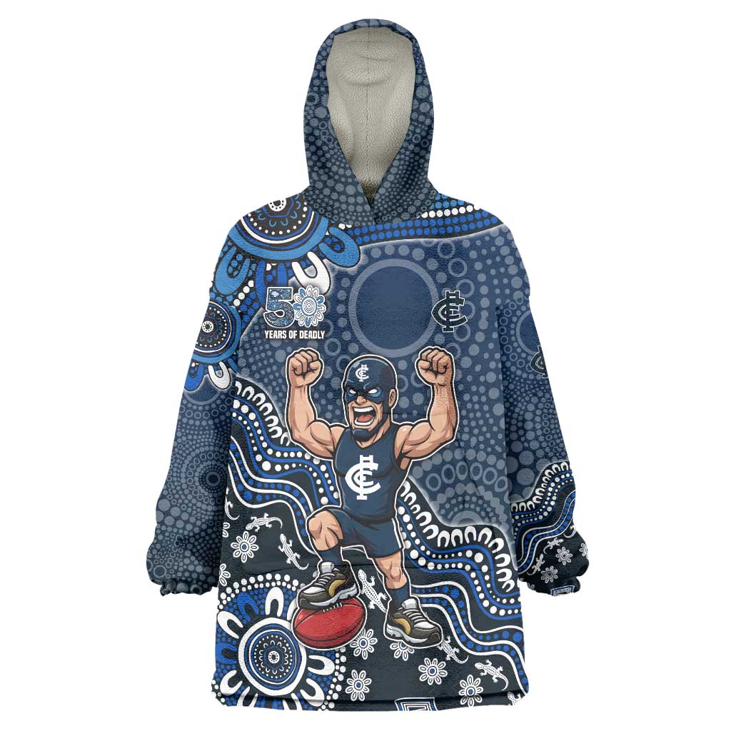 Personalized Carlton Blues Football Mascot Wearable Blanket Hoodie Aboriginal Dot Art Style Vibrant Indigenous Pattern Design