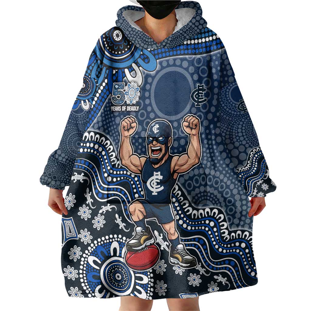 Personalized Carlton Blues Football Mascot Wearable Blanket Hoodie Aboriginal Dot Art Style Vibrant Indigenous Pattern Design