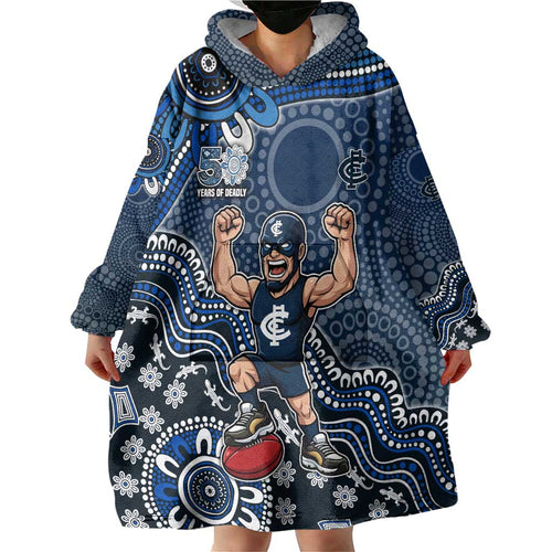 Personalized Carlton Blues Football Mascot Wearable Blanket Hoodie Aboriginal Dot Art Style Vibrant Indigenous Pattern Design